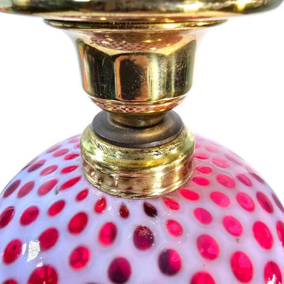 Vintage Cranberry Hobnail Glass Lamp Fenton Style Cut to Clear Shade Milk Glass - Picture 12 of 16
